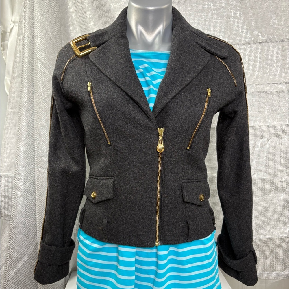 Pink Tartan Women's Cropped Woolen Gray Jacket with Gold Accents Moto Style